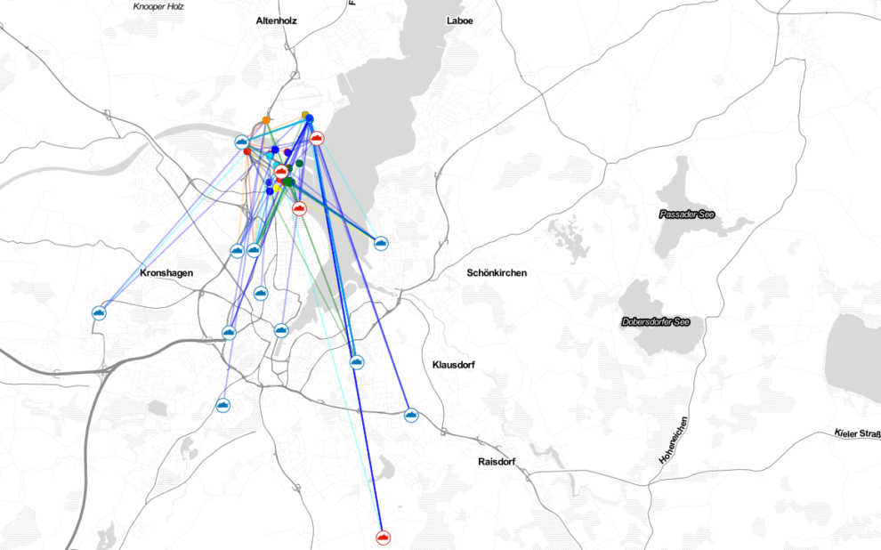 Karte von Kiel mit GPS-Punkten in der Wik - verbunden mit Lorawan-Gateways in der gesamten Stadt