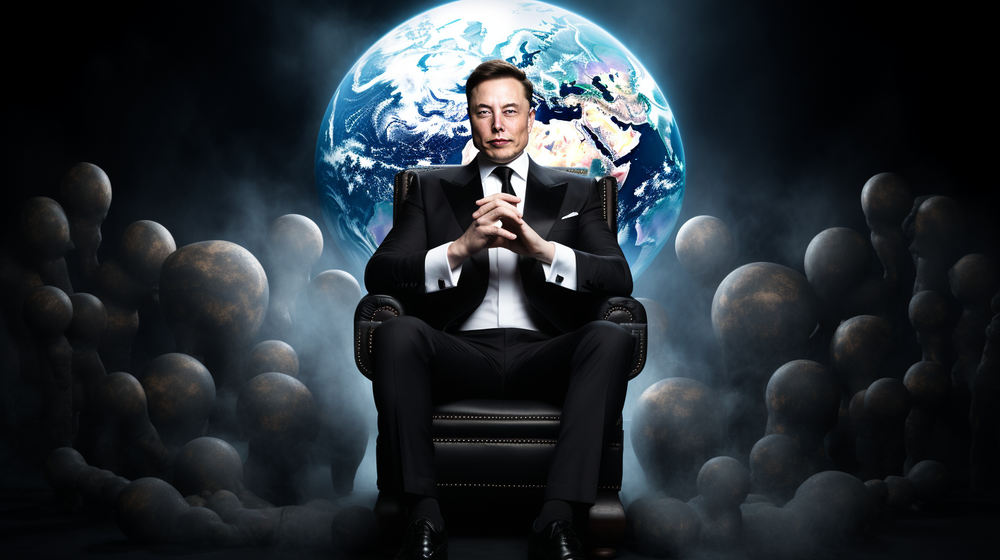 Mit Midjourney erzeugtes Bild von einer Person, die aussieht wie Elon Musk und mit einem schicken Anzug in einem fetten Sessel sitzt. Im Hintergrund die Erde aus dem Weltall gesehen.